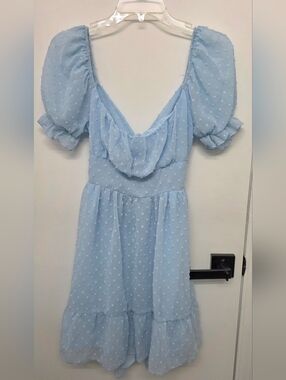 Light Blue Swiss Dot Puff Sleeve Midi Dress